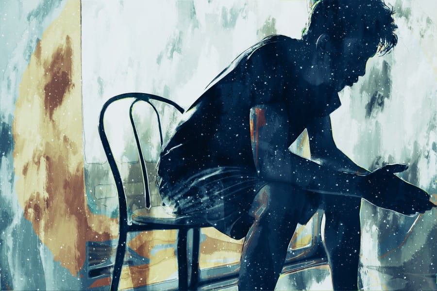 Grafika imitująca malowany ręcznie obraz, przedstawiająca postać mężczyzny siedzącego na krześle.
