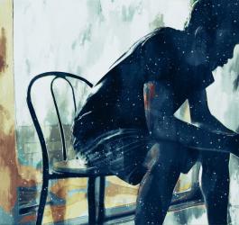 Grafika imitująca malowany ręcznie obraz, przedstawiająca postać mężczyzny siedzącego na krześle.