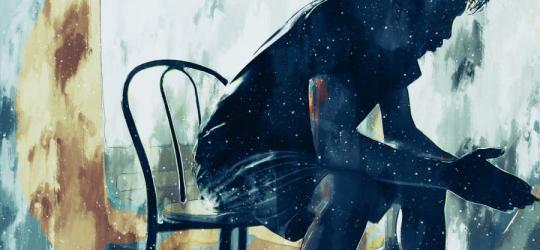 Grafika imitująca malowany ręcznie obraz, przedstawiająca postać mężczyzny siedzącego na krześle.