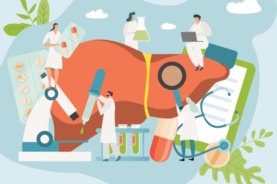 Grafika 2D. rysunkowi lekarze diagnozują i leczą chorą wątrobę.
