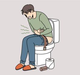 Rysunkowego mężczyznę męczy biegunka, siedzi na toalecie.