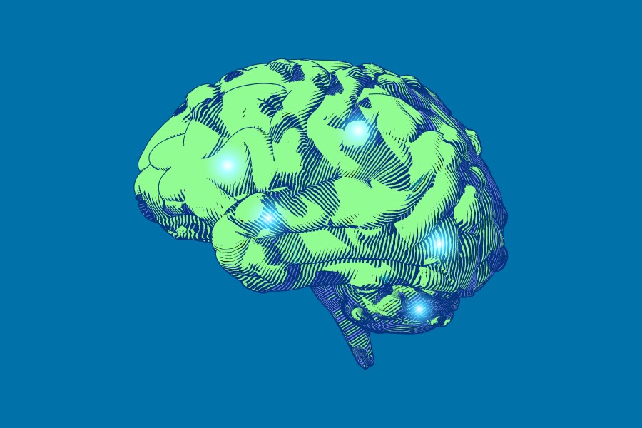 Rysunek ludzkiego mózgu z ogniskami choroby neurodegeneracyjnej np. choroby Huntingtona.