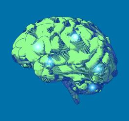 Rysunek ludzkiego mózgu z ogniskami choroby neurodegeneracyjnej np. choroby Huntingtona.