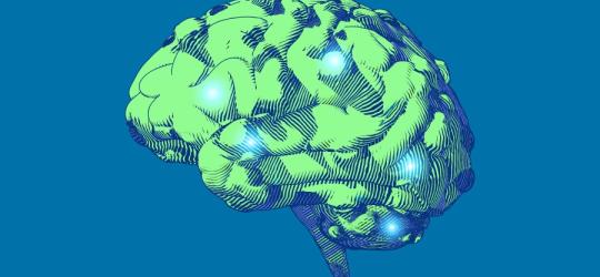 Rysunek ludzkiego mózgu z ogniskami choroby neurodegeneracyjnej np. choroby Huntingtona.