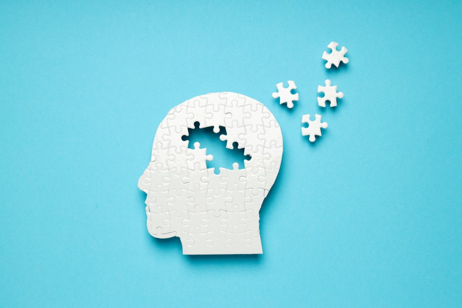 Ludzka głowa ułożona z puzzli. Znikające puzzle symbolizują chorobę neurodegeneracyjną.