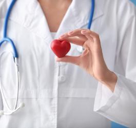 Lekarka w kitlu i ze stetoskopem na szyi trzyma w dłoni model serca. Leczy choroby serca u pacjentów