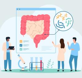 Rysunkowi lekarze sprawdzają, czy u pacjenta występuje dysbioza jelitowa.