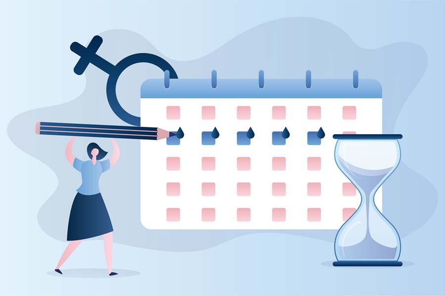 Grafika przedstawiająca kobietę obliczającą swój cykl menstruacyjny.