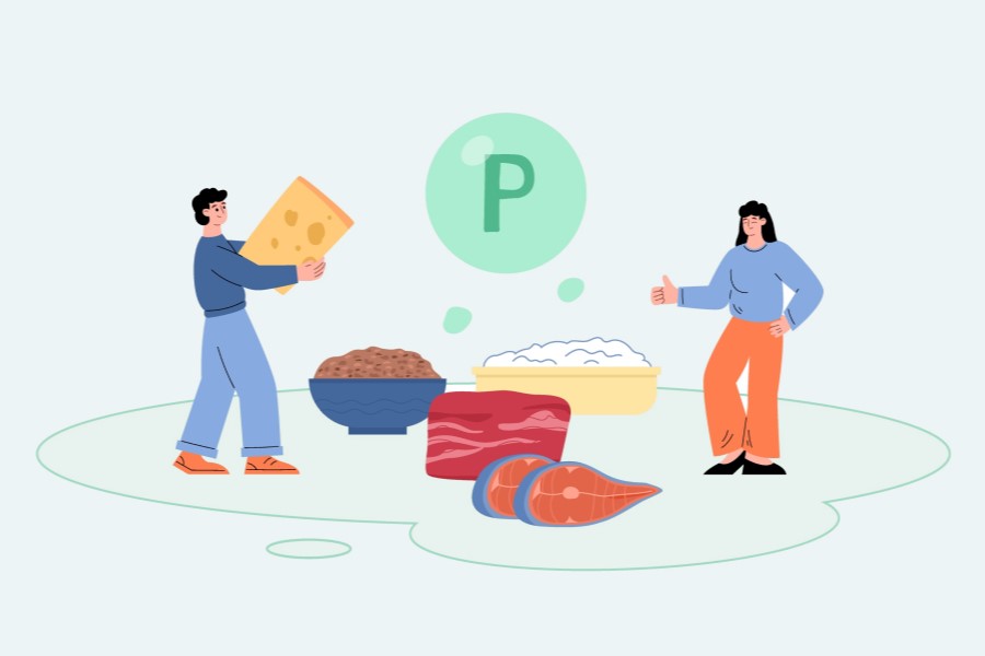 Rysunkowe postaci przedstawiają różne źródła fosforu w diecie. 