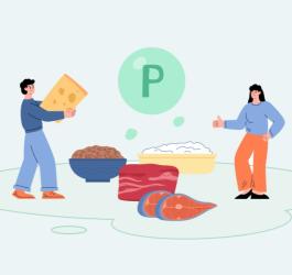 Rysunkowe postaci przedstawiają różne źródła fosforu w diecie.