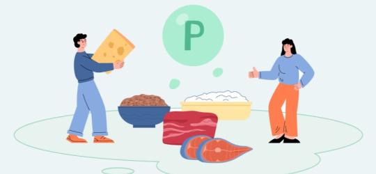 Rysunkowe postaci przedstawiają różne źródła fosforu w diecie.