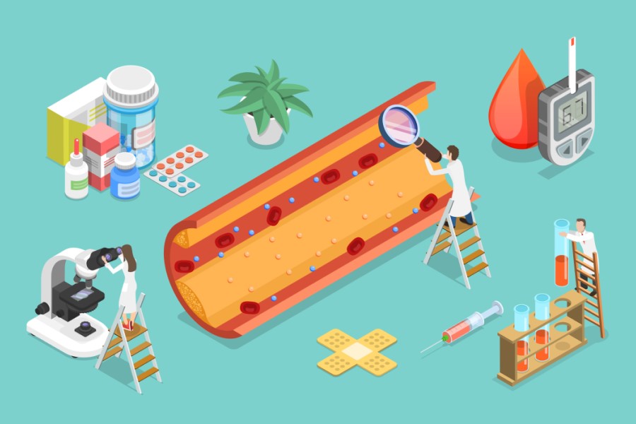 Rysunkowi lekarze wykonują badania i próbują leczyć wysoki cholesterol.