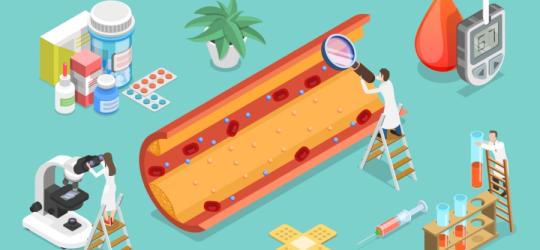 Rysunkowi lekarze wykonują badania i próbują leczyć wysoki cholesterol.