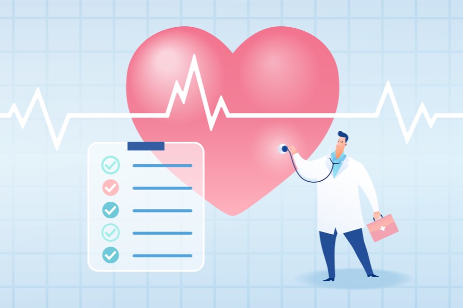 Rysunkowy lekarz bada serce.