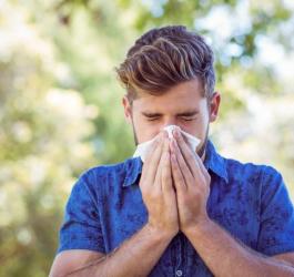 Mężczyzna wydmuchuje nos, jest uczulony na pyłki roślin i cierpli z powodu objawów alergii.