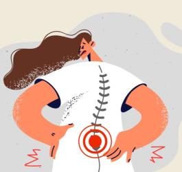 Rysunkowa postać czuje silny ból w odcinku lędźwiowym, choruje na kręgozmyk lędźwiowy.