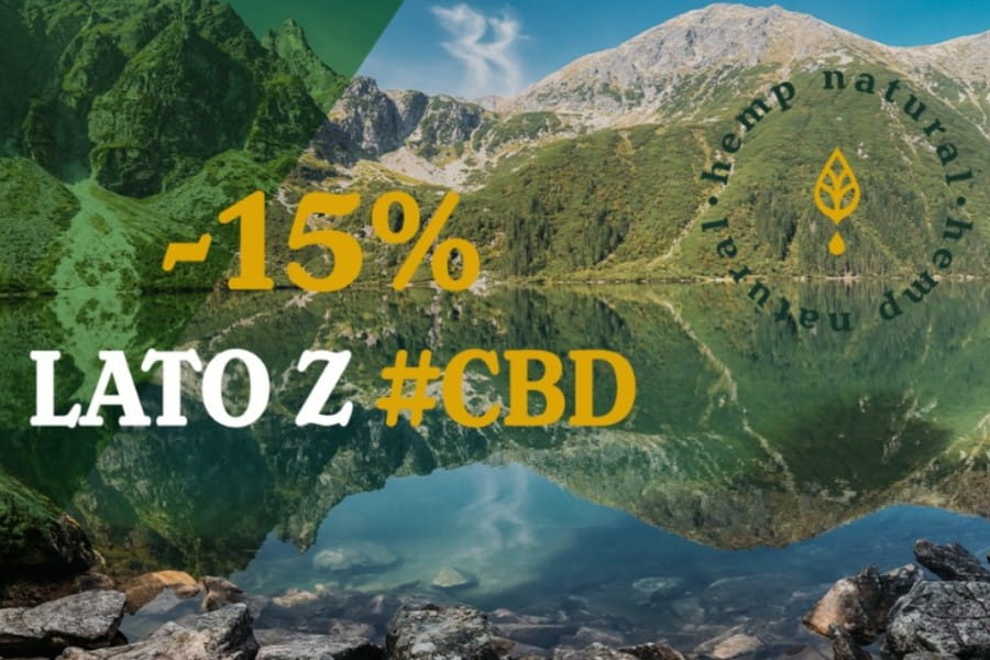 Zdjęcie jeziora i otaczających go gór. Logotyp Hemp Natural i opis promocji na olejki cbd.