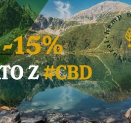 Zdjęcie jeziora i otaczających go gór. Logotyp Hemp Natural i opis promocji na olejki cbd.