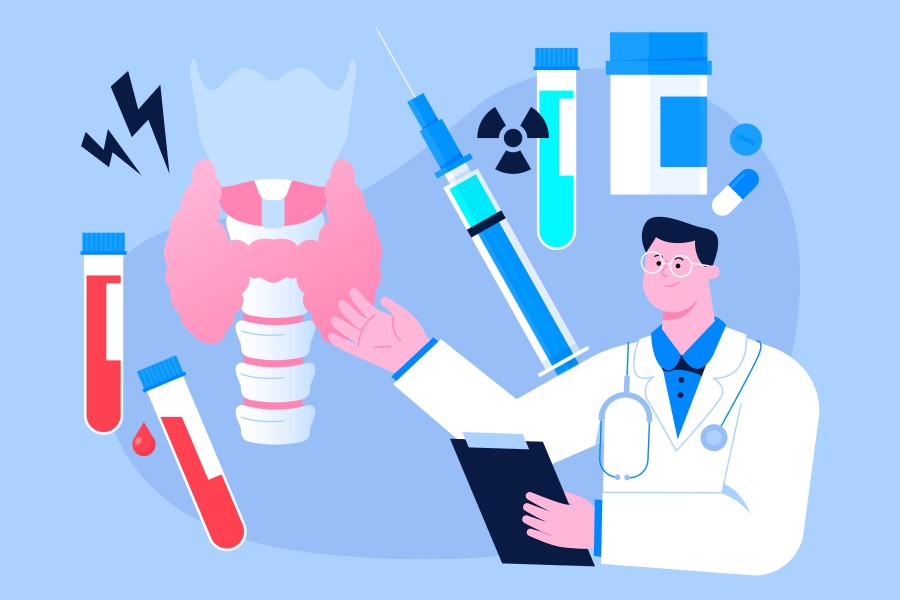 Rysunkowy lekarz prezentuje różne leki na tarczycę.