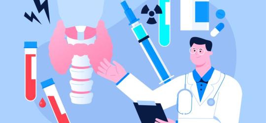 Rysunkowy lekarz prezentuje różne leki na tarczycę.