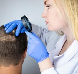 Dermatolożka bada skórę głowy pacjenta, aby ustalić, czy choruje na łysienie plackowate.