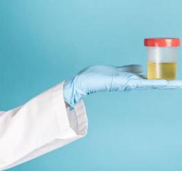 Diagnosta trzyma w dłoni kubeczek z próbką moczu pacjenta.