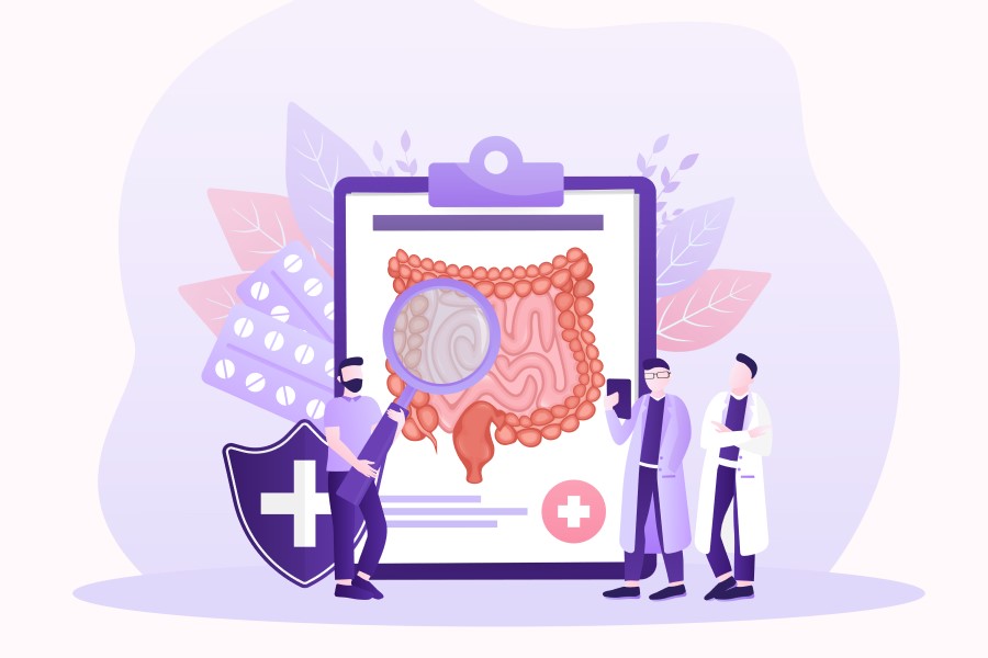 Rysunkowi lekarze diagnozujący nieswoiste zapalenie jelit.