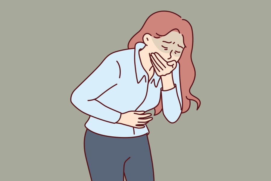 Rysunkowej kobiecie dokuczają nudności, będzie wymiotować.