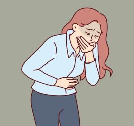 Rysunkowej kobiecie dokuczają nudności, będzie wymiotować.