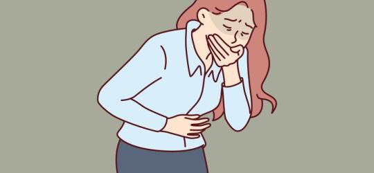 Rysunkowej kobiecie dokuczają nudności, będzie wymiotować.