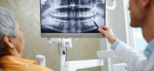 Dentysta pokazuje pacjentce zdjęcie panromograficzne jej twarzoczaszki.