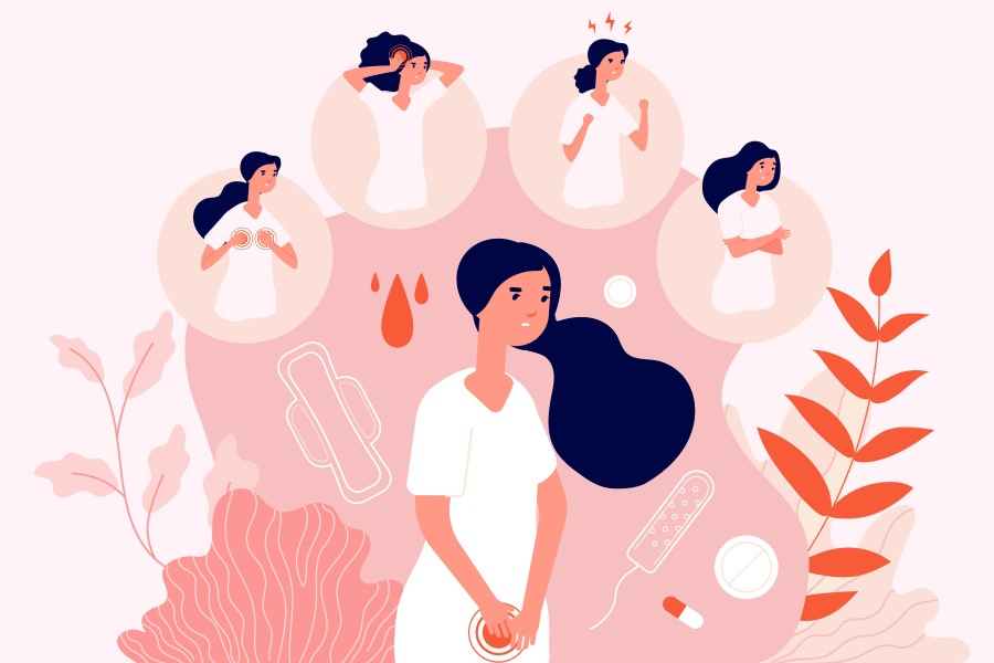 Grafika 2D przedstawiająca kobietę zmagającą się objawami PSM (zespołu napięcia przedmiesiączkowego)