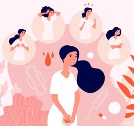 Grafika 2D przedstawiająca kobietę zmagającą się objawami PSM (zespołu napięcia przedmiesiączkowego)