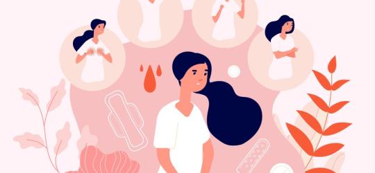 Grafika 2D przedstawiająca kobietę zmagającą się objawami PSM (zespołu napięcia przedmiesiączkowego)
