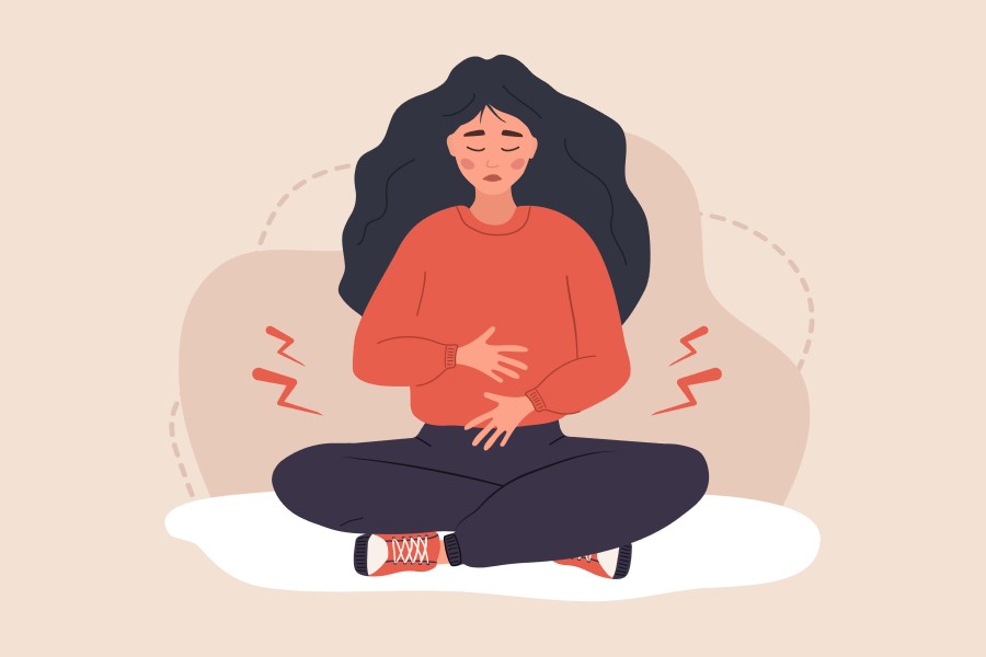 Grafika 2D zmartwionej kobiety, cierpiącej na dolegliwości ze strony układu rozrodczego.