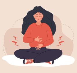 Grafika 2D zmartwionej kobiety, cierpiącej na dolegliwości ze strony układu rozrodczego.