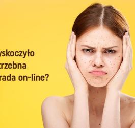 Smutna kobieta ze zmianami skórnymi na buzi. W rogu logotyp VisiMed.