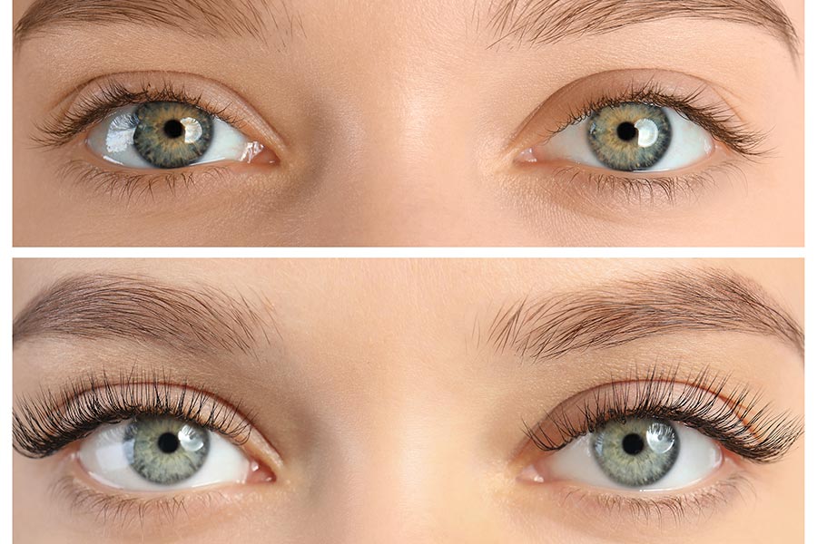 Zbliżenie na oczy i rzęsy - przed i po zastosowaniu odżywki.