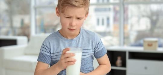 Chłopiec ma problemy żołądkowe po wypiciu mleka ponieważ cierpi na skazę białkową.