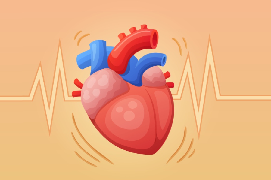 Rysunkowe, bijące serce na pomarańczowym tle z widoczną linią obrazującą tętno.