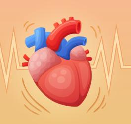 Rysunkowe, bijące serce na pomarańczowym tle z widoczną linią obrazującą tętno.