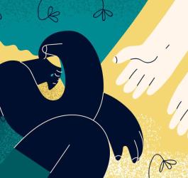 Rysunkowa postać otrzymuje pomoc w trakcie terapii poznawczo-behawioralnej.