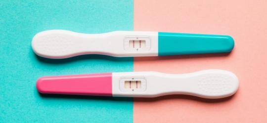 Dwa pozytywne testy ciążowe na turkusowo-różowym tle.