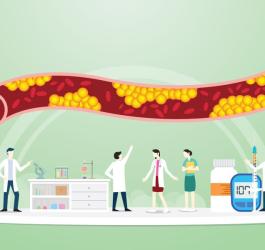 Grafika 2D. Rysunkowi lekarza leczą podwyższone stężenie trójglicerydów i miażdżycę.