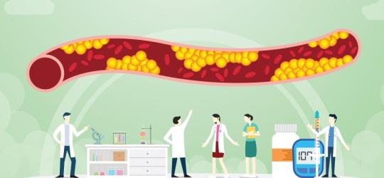 Grafika 2D. Rysunkowi lekarza leczą podwyższone stężenie trójglicerydów i miażdżycę.