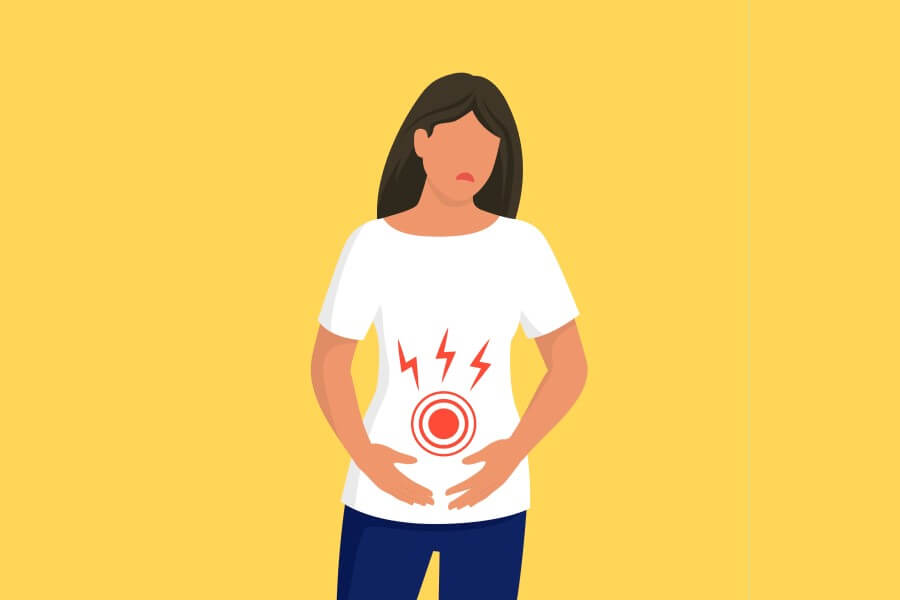 Rysunkowa postać cierpiące na uchyłki jelita grubego.