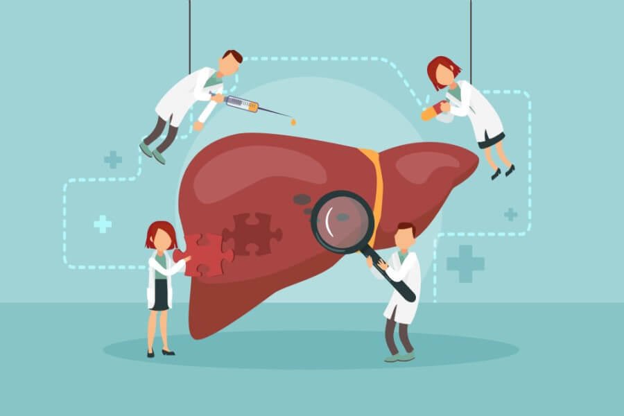 Rysunkowi lekarze badają i leczą chorą wątrobę.