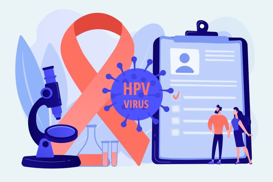 Grafika 2D przedstawiająca rysunkowe postaci zasięgające wiedzy nt. wirusa HPV.