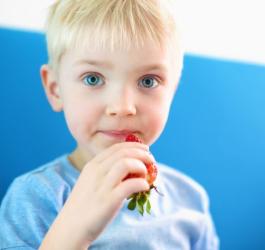 Chłopczyk zajada się truskawką.