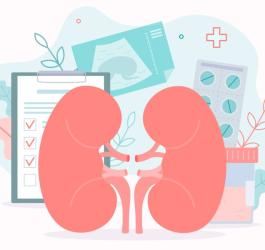 Grafika 2D prezentująca nerki oraz procedury medyczne dotyczące diagnostyki chorób i leczenia.